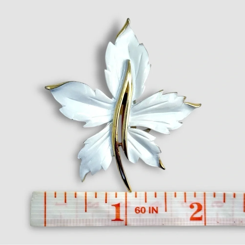 Vintage White Enamel Leaf Brooch & Clip-On Earrings Gold Tone Set